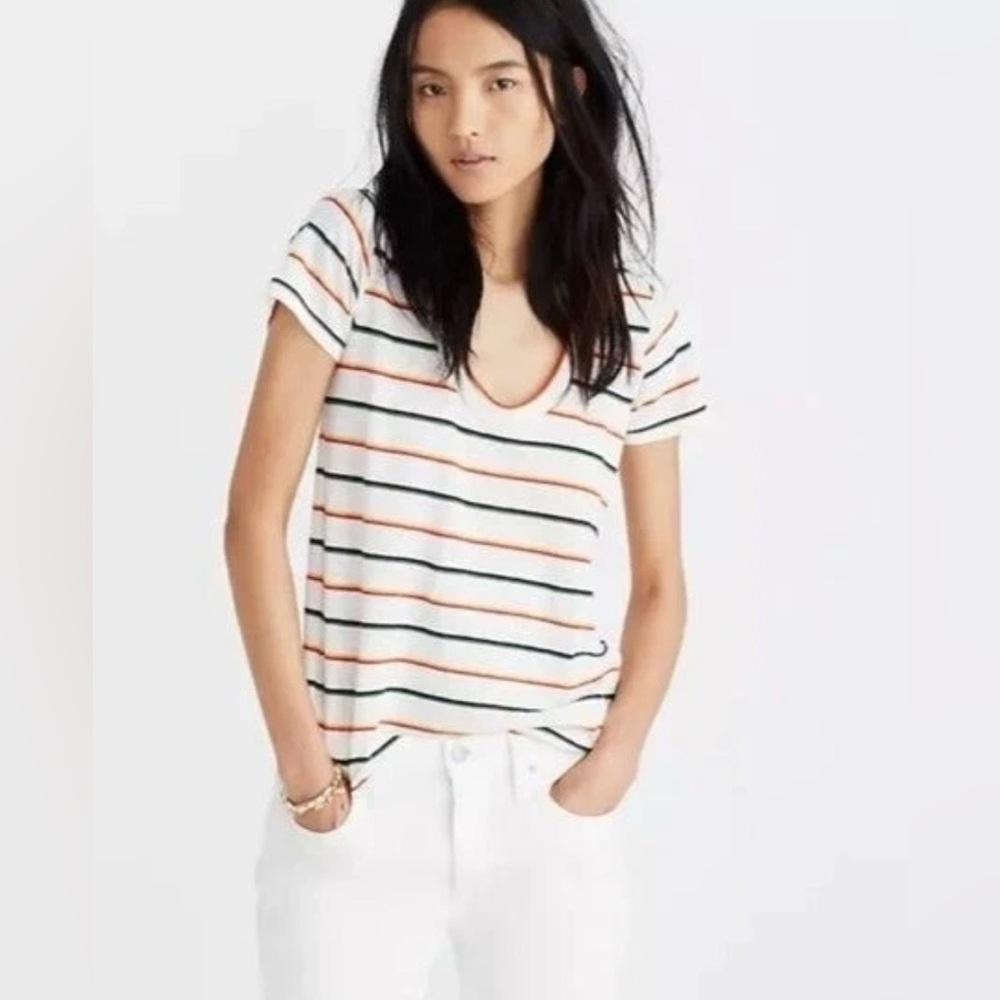 Madewell City Tee In Walcott Stripes Short Sleeve Tee,Scoop Neck, Linen Blend, S